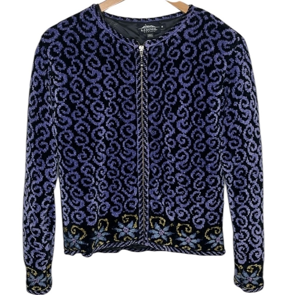 Icelandic Designs Purple Black Scroll Floral Zip Jacket Women Size M BLEMISH